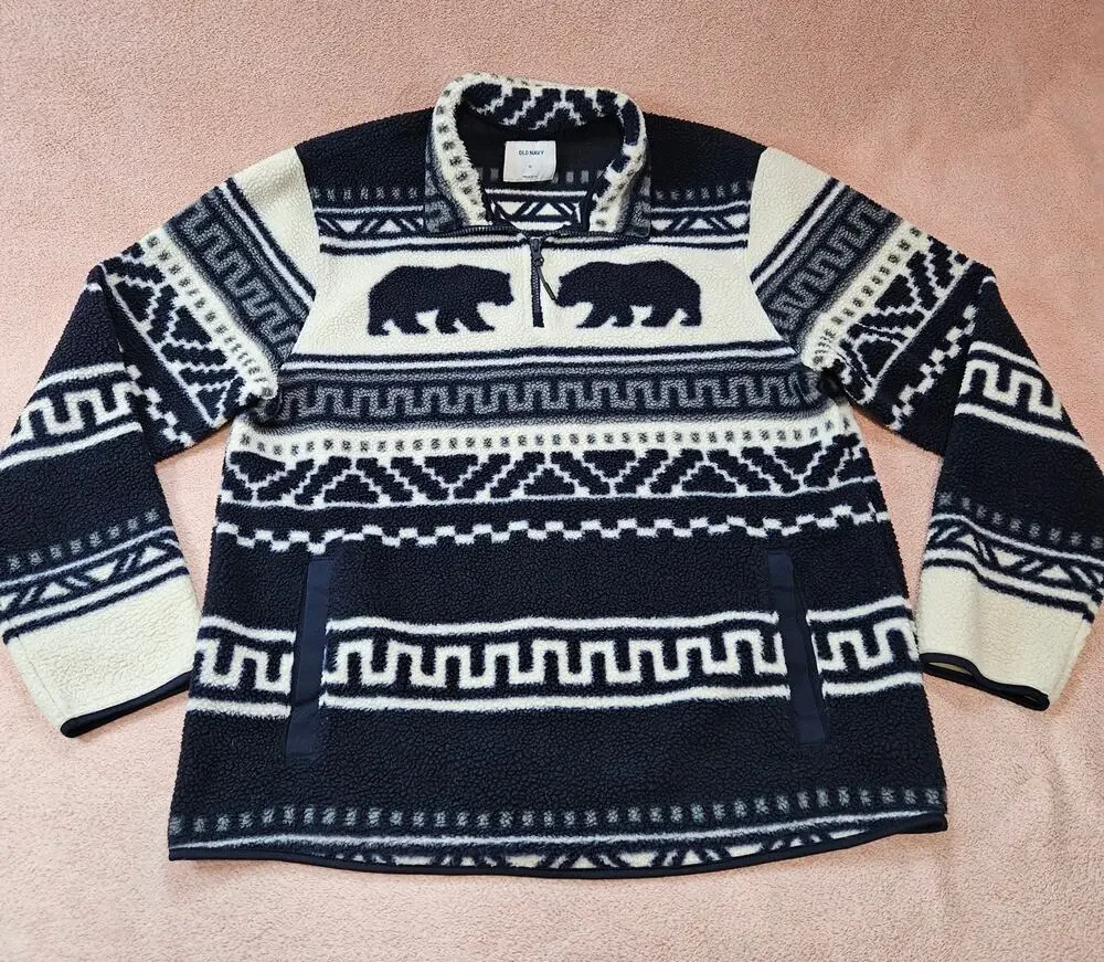 Old Navy Bear Fair Isle Print Quarter Zip Fleece Pullover Size XL